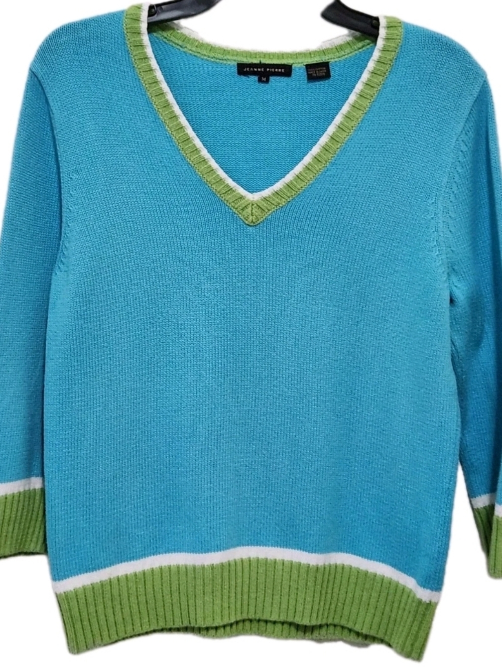 Vtg Jeanne Pierre Women's M V-neck 100% Cotton 3/4 Sleeve Knit Sweater Y2K